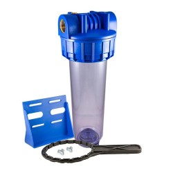 Corps de filtre 9"3/4 transparent complet pour cartouches standard, avec entrée sortie 1" laiton et décompression intégrée