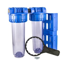 Double porte-filtre 9"3/4 transparent vide AFIMO 5000-AF – Entrée/Sortie 3/4" laiton – Pour cartouches standard