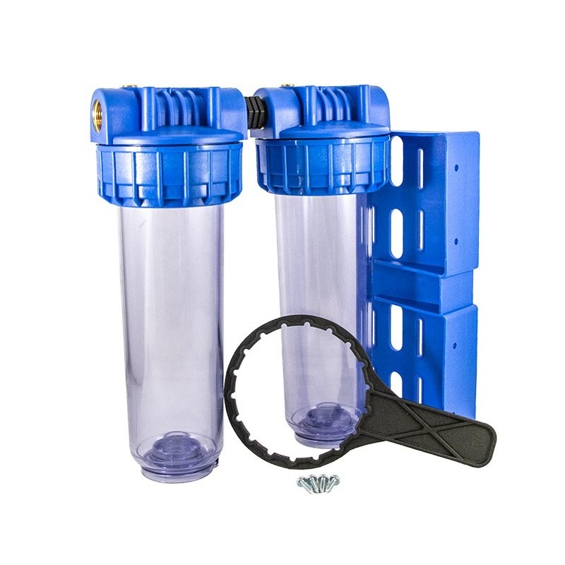 Double porte-filtre 9"3/4 transparent vide AFIMO 5000-AF – Entrée/Sortie 3/4" laiton – Pour cartouches standard