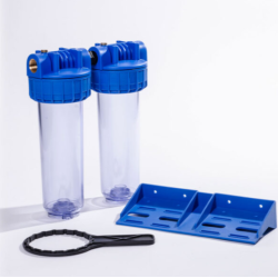Double porte-filtre 9"3/4 transparent vide AFIMO 5000-AF – Entrée/Sortie 3/4" laiton – Pour cartouches standard