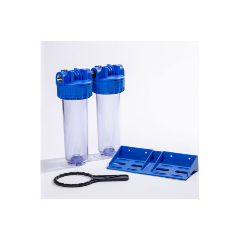 Double porte-filtre 9"3/4 transparent vide AFIMO 5000-AF – Entrée/Sortie 3/4" laiton – Pour cartouches standard