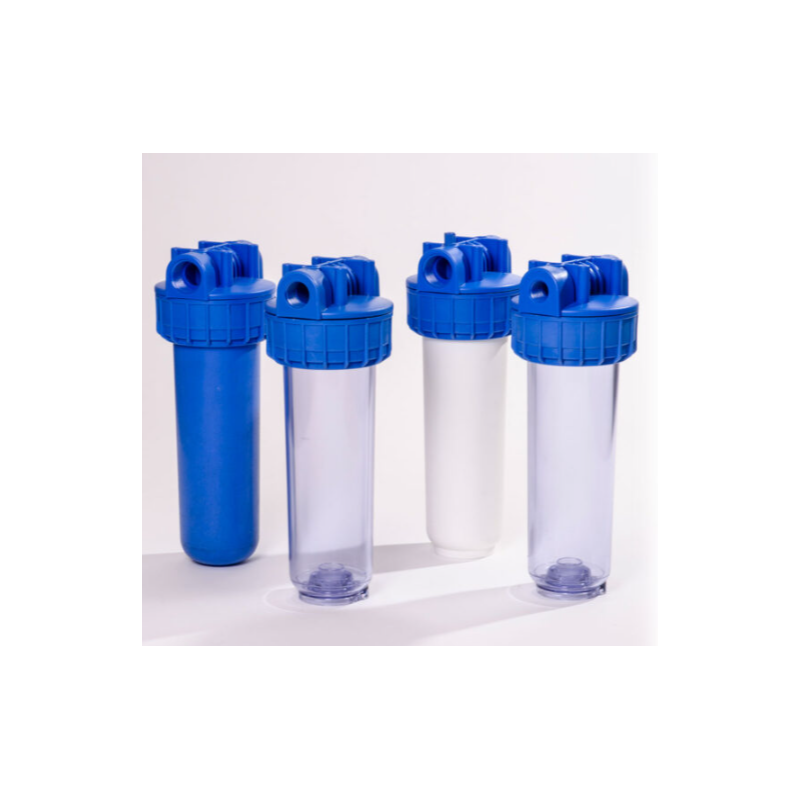 Corps de filtre 9"3/4 transparent complet pour cartouches standard, avec entrée sortie 1" laiton et décompression intégrée